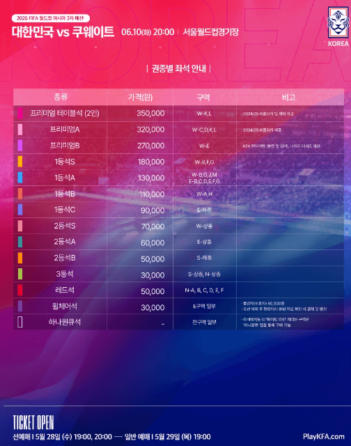 대한민국 쿠웨이트전 티켓 예매 방법 일정 대표팀명단 좌석가격