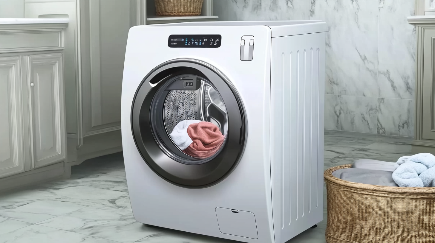 엘레강스한 세탁실에 배치된 세련된 화이트 디자인의 삼성 최신형 세탁기, 직관적인 버튼과 디지털 디스플레이 포함