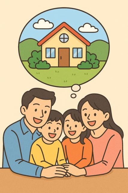 행복한 가족이 내 집 마련을 꿈꾸는 일러스트