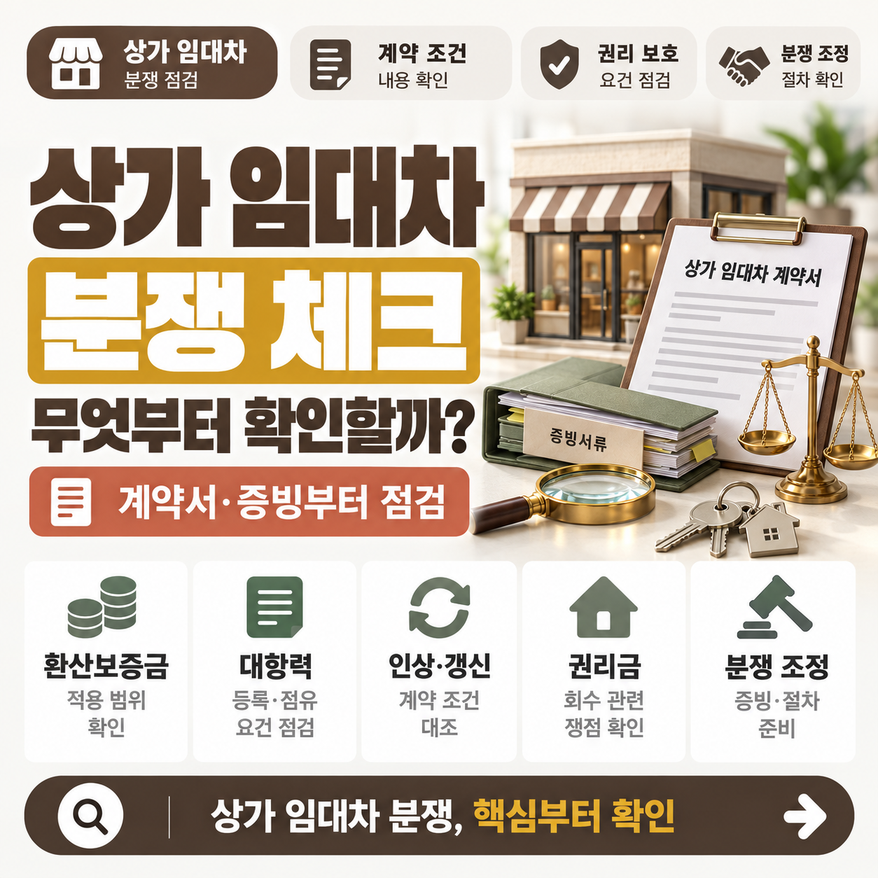 상가 임대차 계약서와 열쇠를 놓고 분쟁 대응 순서를 살피는 모습