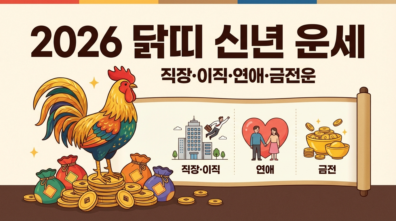 2026년 병오년 닭띠 신년운세 총정리! 10년 만의 대운이 열리는 해, 직장운·이직 타이밍 6~9월·금전운 5월7월11월·연애운 3월6월10월까지 생년별 맞춤 분석. 93년생 결혼운 1위, 행운색상·숫자·방향 완벽 가이드