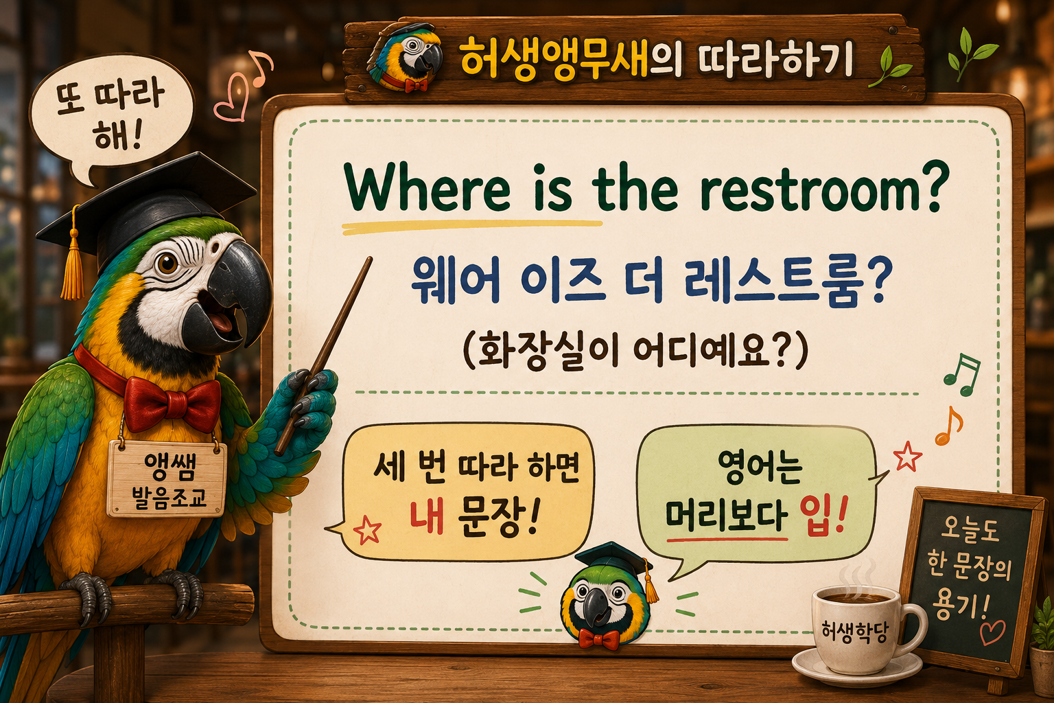허생학당 공식 발음조교 허생앵무새가 화장실 찾기 영어 문장 "Where is the restroom?"을 가르치며 학우들에게 따라 말하기를 안내하는 모습