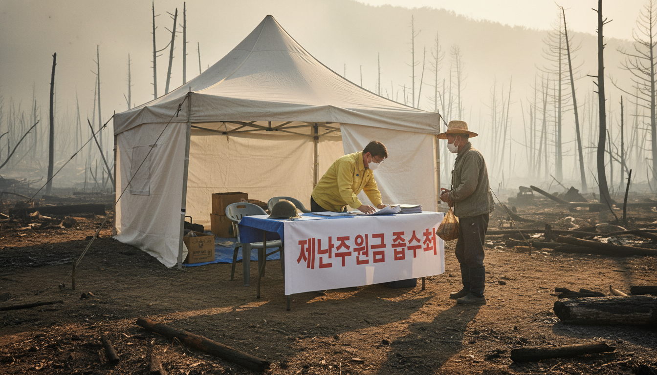 2026년 충남 금산 산불 피해 현장에 마련된 재난지원금 접수처에서 공무원이 어르신에게 신청 절차를 안내하고 있는 모습