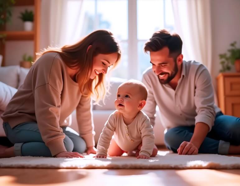 기어 가는 아기를 보면서 웃고 있는 부모