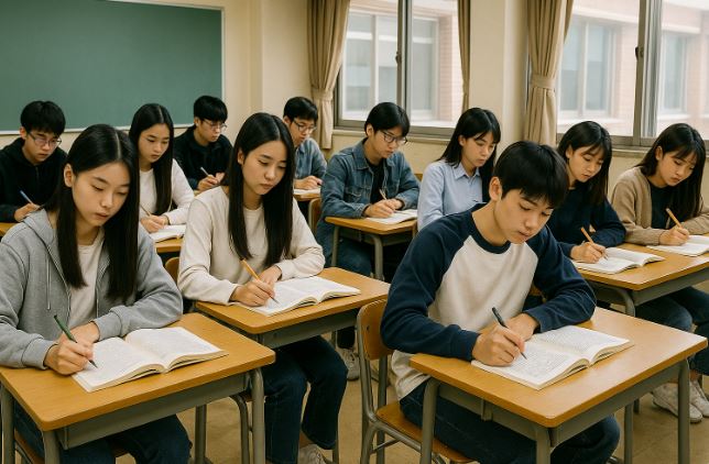 학원에서 공부하고 있는 중고등학생의 모습