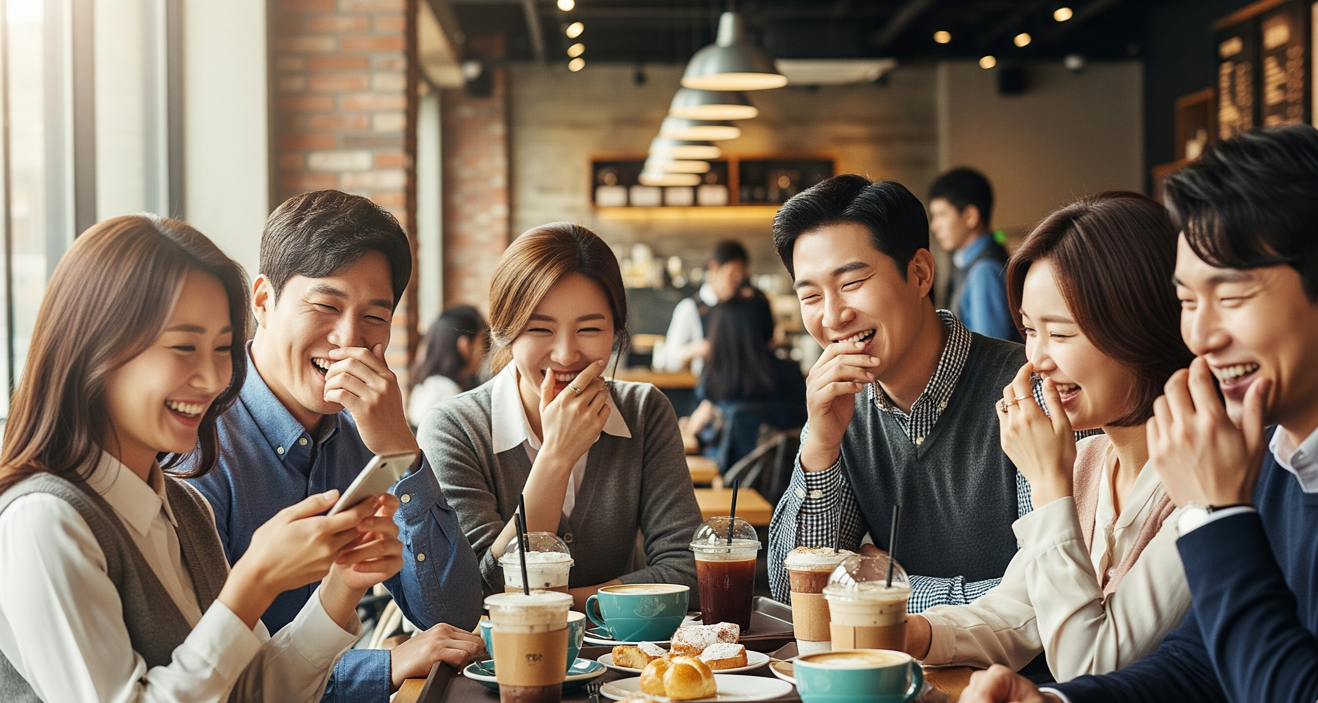 커피숍-이벤트에-당첨된-여성과-웃는-사람들