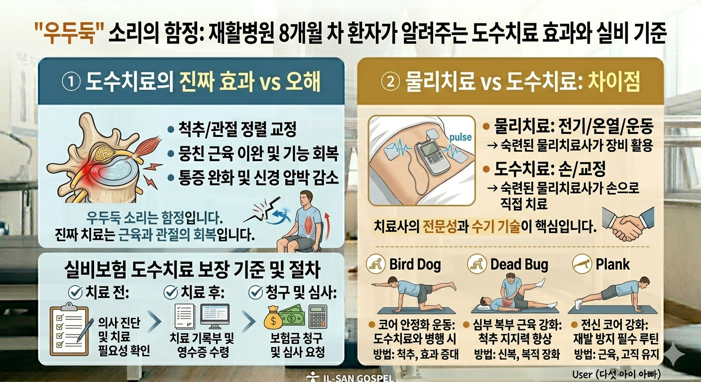 "우두둑" 소리의 함정: 재활병원 8개월 차 환자가 알려주는 도수치료 효과와 실비 기준