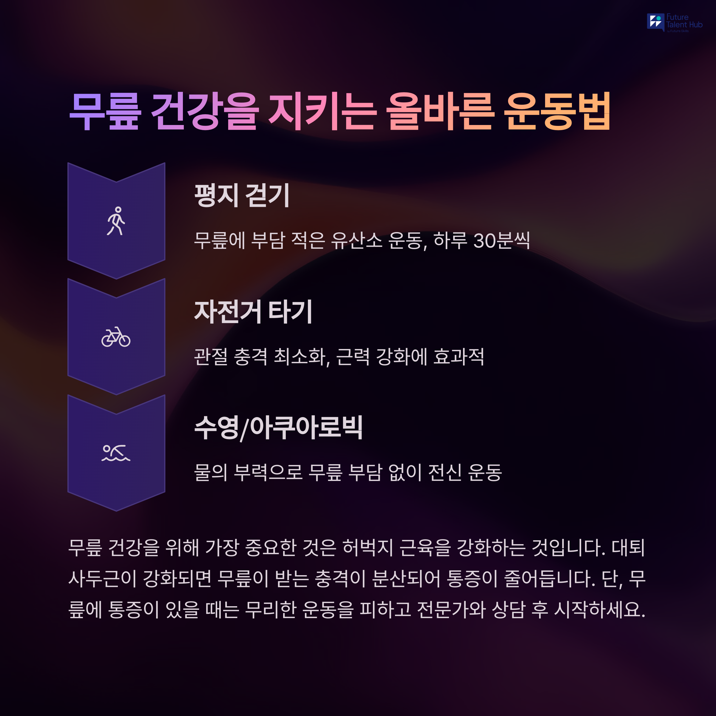 무릎 전문의가 자신의 부모님께 권하는 중년 무릎통증 극복법 - 중년 무릎 통증, 알고 대처하는 방법 - 4. 무릎 건강을 지키는 올바른 운동법 무릎 전문의가 자신의 부모님께 권하는 중년 무릎통증 극복법 - 중년 무릎 통증, 알고 대처하는 방법 - 4. 무릎 건강을 지키는 올바른 운동법