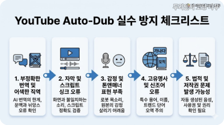 YouTube Auto-Dub 실무 적용 전 리스크와 한계를 요약한 체크 카드