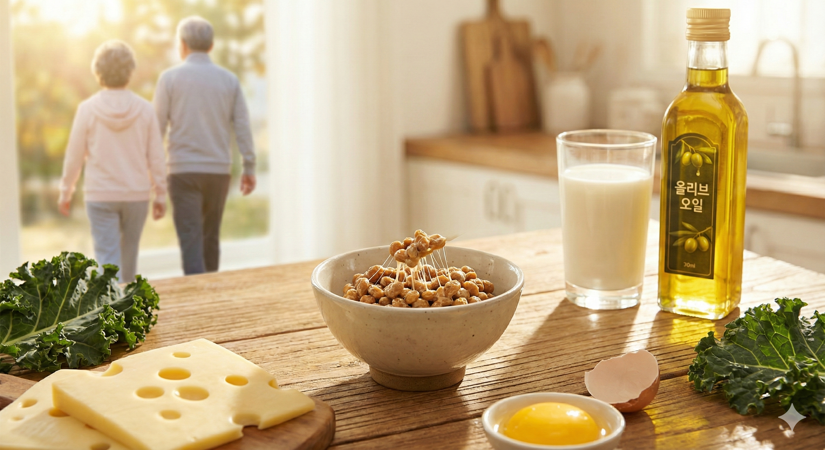 뼈 건강을 위한 시너지 식재료와 활기찬 노후의 이미지설명: