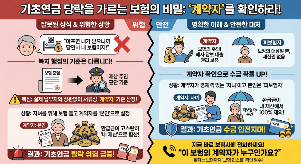 기초연금 당락을 가르는 보험의 비밀: 계약자를 확인하라!' 인포그래픽