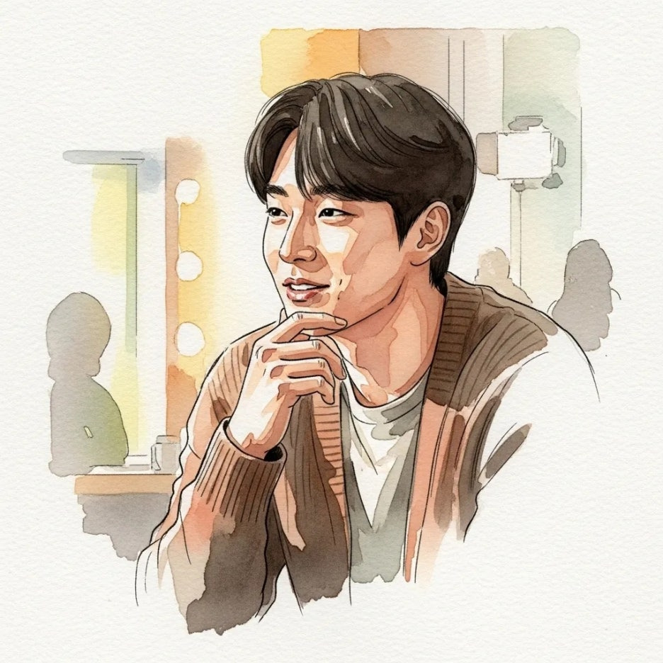 촬영 현장에서 진솔하게 이야기를 나누는 배우.