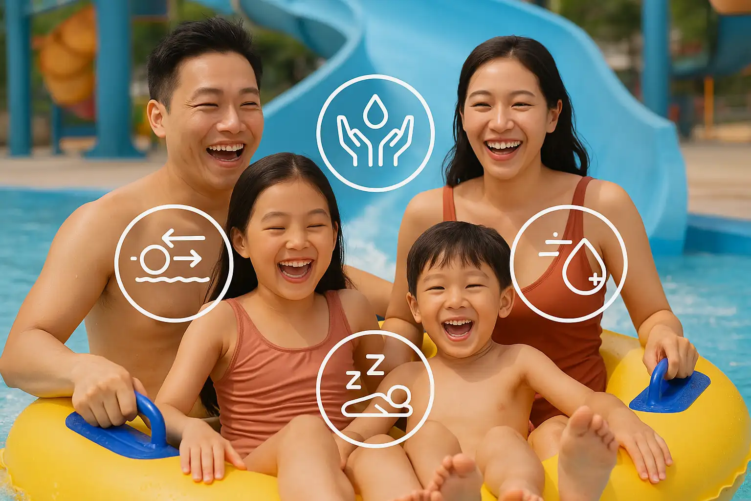 건강한 피부로 워터파크에서 튜브를 타며 웃는 가족, 사전 보습, 마찰 차단, 휴식, 사후 보습