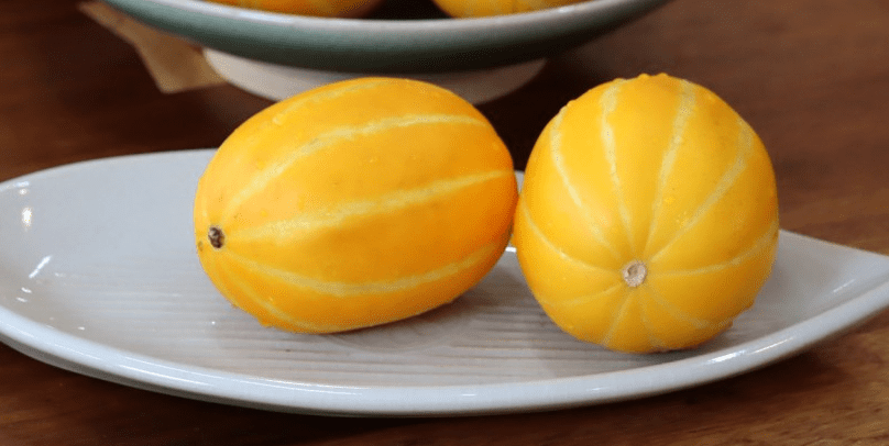 접시에 두개의 참외가 올려 있다