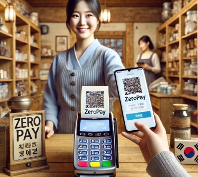 &quot;한국 전통 소매점에서 스마트폰으로 제로페이를 사용하는 여성의 모습&quot;