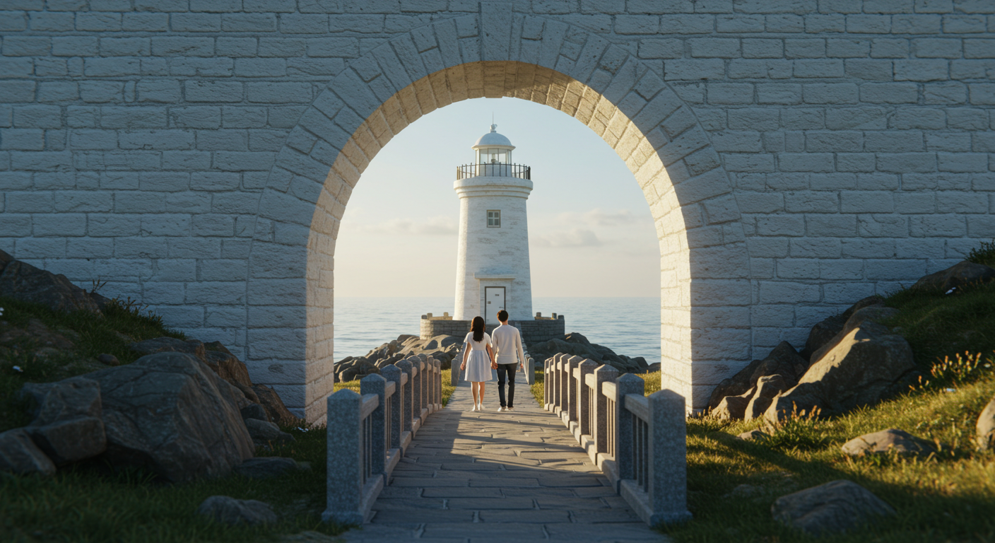 동해시의 작은 아치형 등대 산책길에서 한국인 연인이 걷는 모습