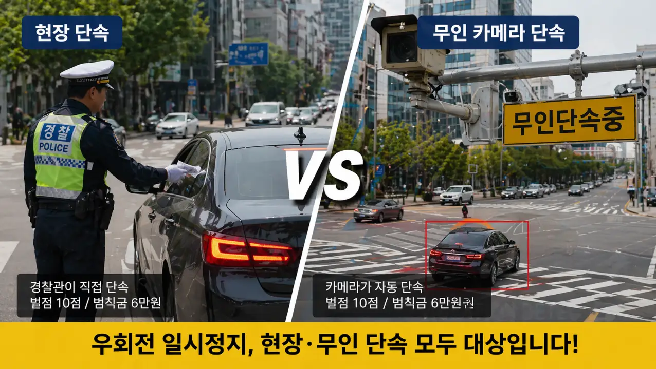 경찰관의 현장 단속과 무인 카메라의 자동 단속이 우회전 위반 차량을 적발하는 상황을 시각적으로 비교하는 이미지.