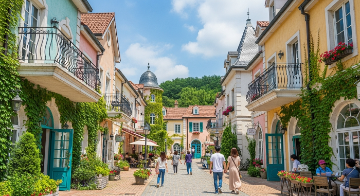 가평 쁘띠프랑스의 파스텔톤 유럽풍 건물들이 아기자기하게 모여있는 전경. 푸른 하늘 아래 사람들이 여유롭게 거닐고 있다.