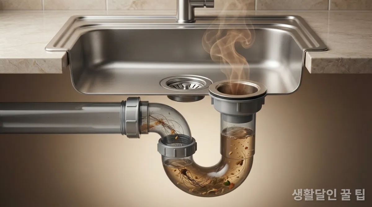 싱크대 배수구 트랩의 단면과 오염된 내부