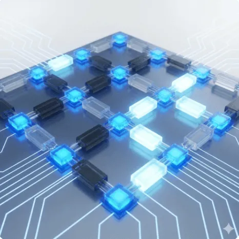 IBM 퀀텀 나이트호크: IBM 퀀텀 나이트호크의 튜너블 커플러 작동 원리를 보여주는 이미지. 파란색 큐비트 사이의 연결 요소가 밝게 빛나거나 어둡게 꺼져 있어, 전기적 제어를 통한 동적인 연결 및 차단 기능을 시각적으로 표현합니다. (Tunable coupler operation, dynamic qubit connection control visualization)