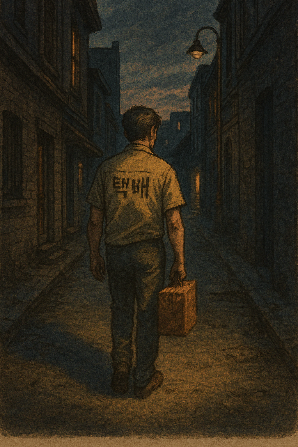 존은 골목을 걸어 나간다. 닫히지 않은 문이 등 뒤에서 희미하게 열린 채 남아 있다.