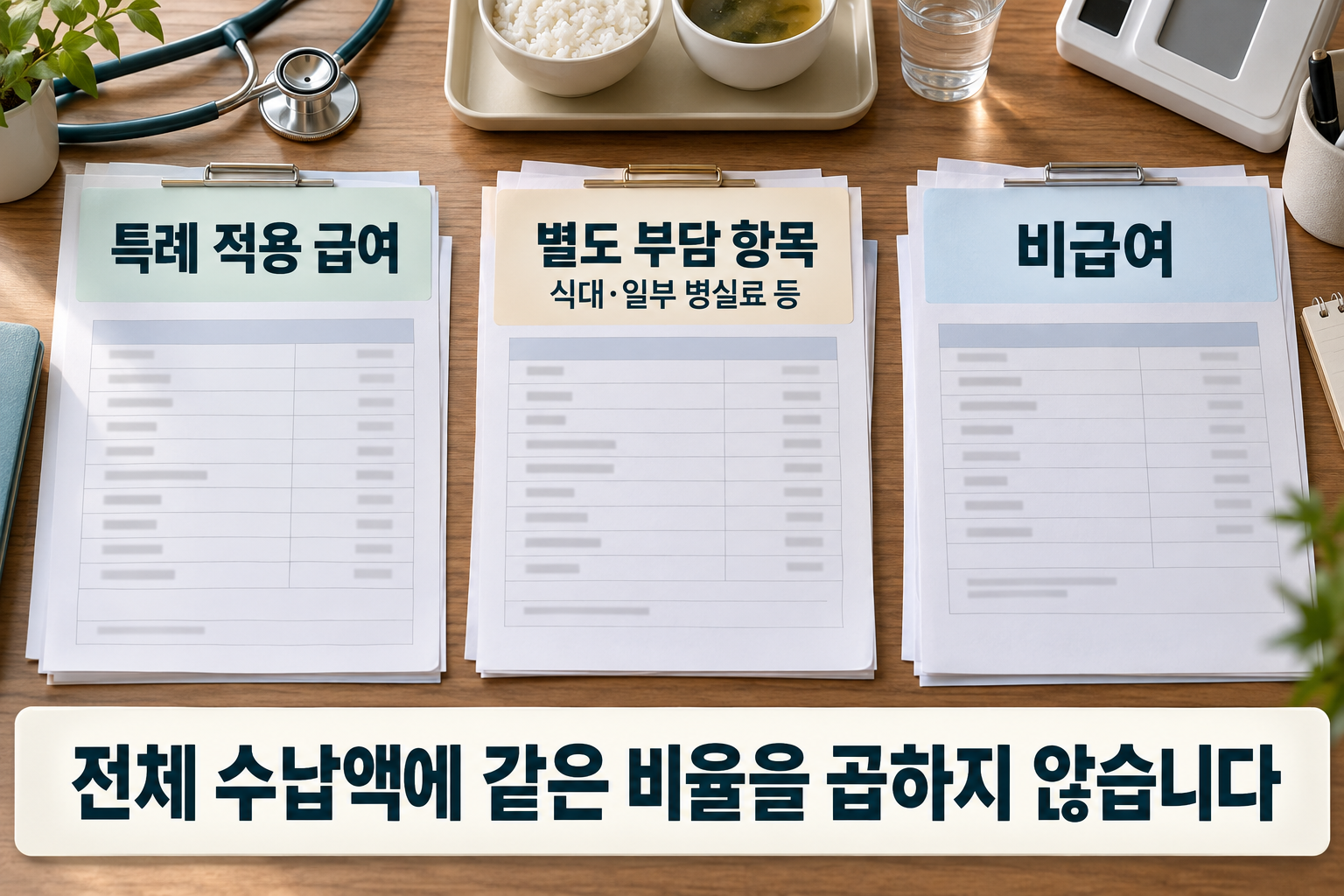 특례 적용 급여&middot;별도 부담 항목&middot;비급여를 구분하고 식대&middot;일부 병실료 예시와 총액 계산 주의를 표시한 내역