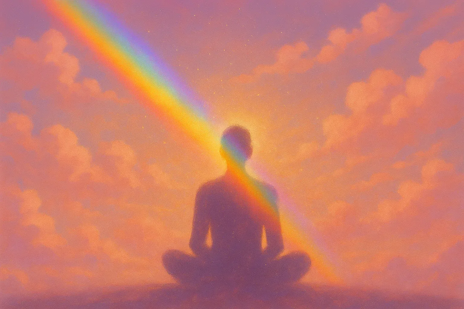 무지개 빛을 받으며 명상하는 사람의 실루엣