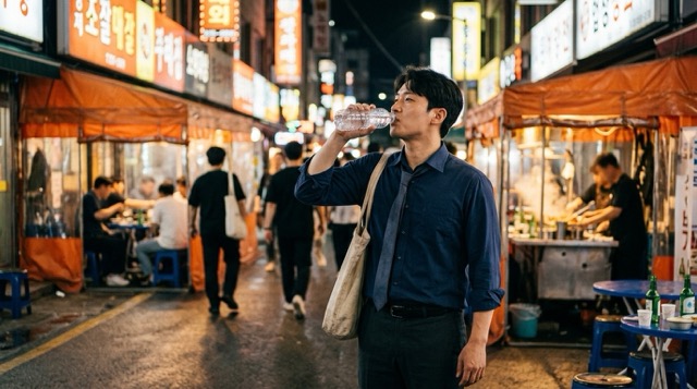 회식 후 물을 마시며 식단을 조절하는 직장인의 모습