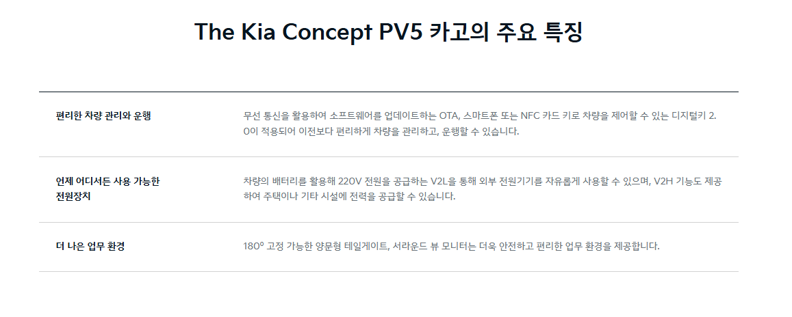 KIA PV5 카고 주요특징