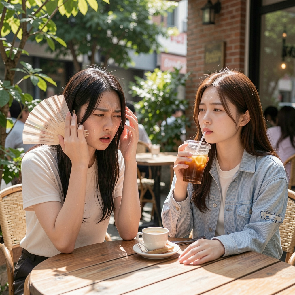 여름날 카페 테라스에 앉은 두 20대 후반 한국 여성. 한 명은 부채질을 하며 짜증난 표정(화 많은 일간), 다른 한 명은 아이스티를 마시며 여유롭게 미소(수 많은 일간). 같은 더위도 사람마다 다르게 느끼는 장면.