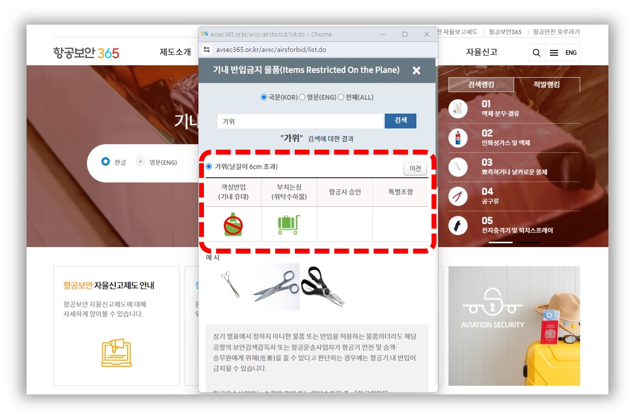 기내 반입 금지 물품 검색