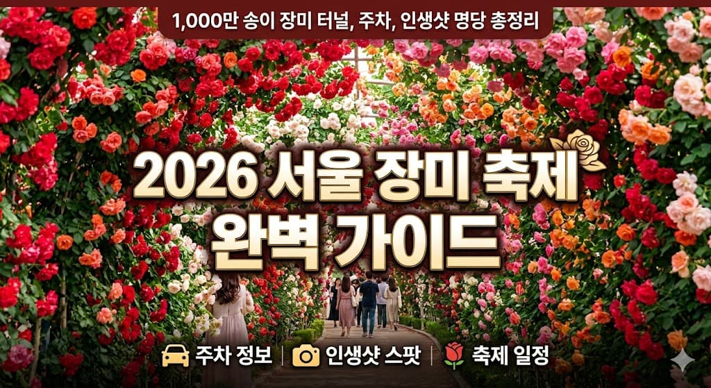 2026 서울 장미 축제 완벽 가이드 블로그 썸네일 이미지. 수천 송이의 붉고 분홍색 장미가 끝없이 이어진 화려한 장미 터널 아래로 사람들이 거닐고 있다. 이미지 중앙에는 흰색과 노란색의 굵은 글씨로 '2026 서울 장미 축제 완벽 가이드'라고 적혀 있으며, 그 아래로 '1,000만 송이 장미 터널', '주차 꿀팁', '인생샷 명당'이라는 핵심 키워드가 아이콘과 함께 배치되어 있다. 화사하고 설레는 봄 축제의 분위기를 강조한 디자인