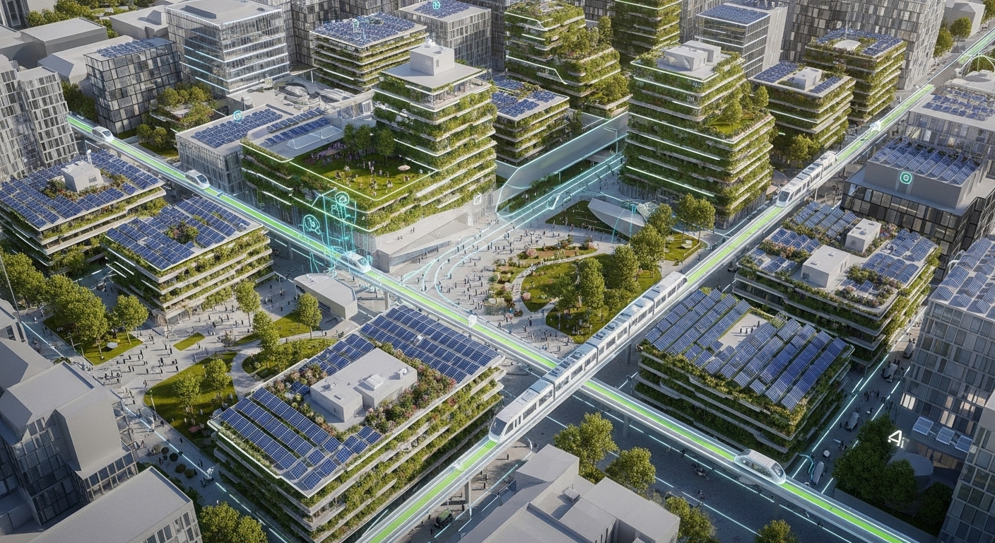 첨단 AI 기술과 지속 가능한 인프라가 적용된 미래형 AI 신도시의 전경. 자율주행 교통과 지능형 건물들이 어우러져 있습니다.