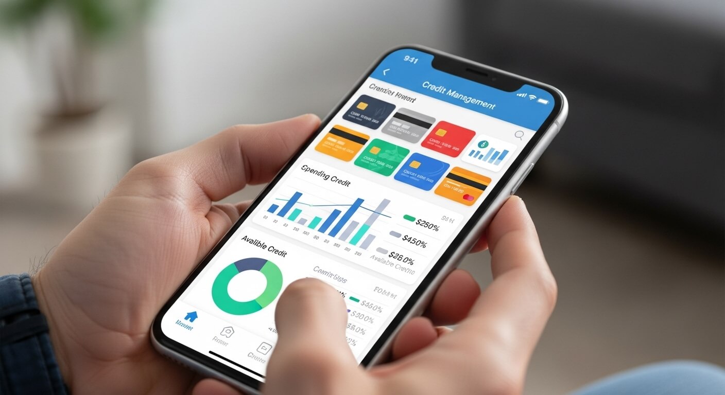 스마트폰 화면에 신용카드 관리 그래프와 통계가 표시된 모습