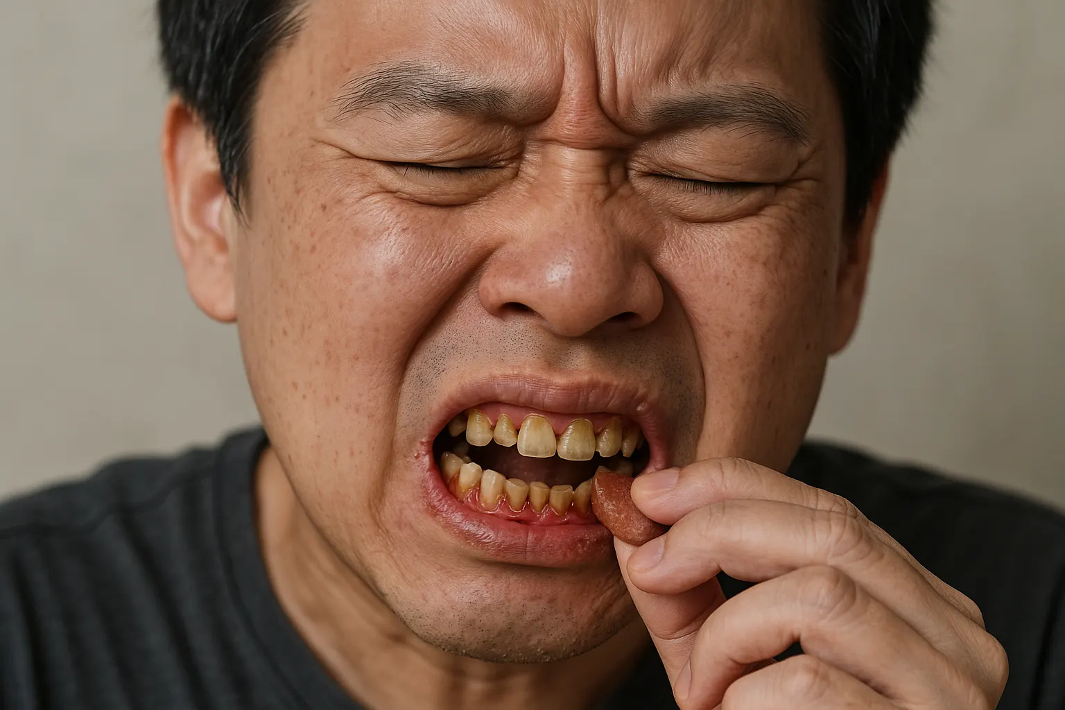 40대 성인의 치아 마모와 잇몸 변화, 충치와 치주염으로 인해 음식을 씹기 어려운 장면