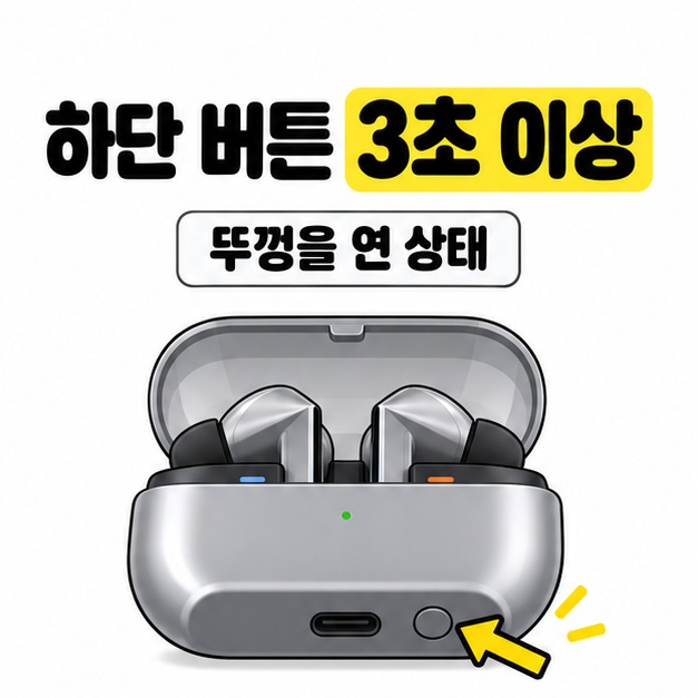 하단 버튼 3초 이상이라는 문구와 함께 이어버드가 들어 있는 열린 케이스의 충전 단자 옆 원형 버튼을 노란 화살표로 가리킨 그림
