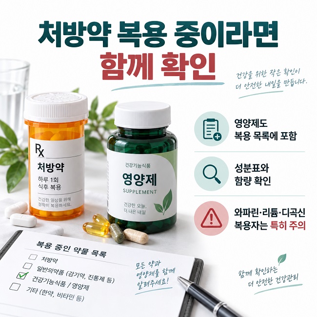 처방약과 영양제 병 사이에 상호작용 확인 표시가 있고 제품 성분표를 함께 확인하는 정보형 이미지