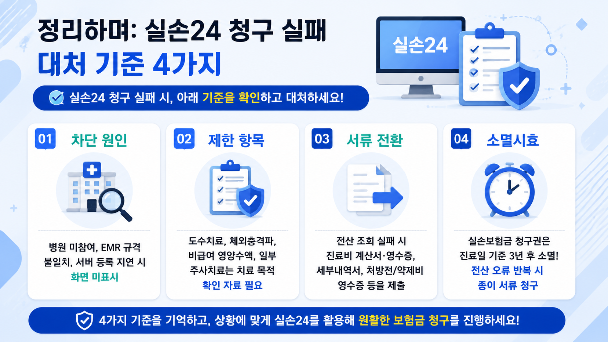 8. 실손24 청구 실패 대처 기준 4가지를 요약한 16:9 인포그래픽으로, 차단 원인&middot;제한 항목&middot;서류 전환&middot;소멸시효를 4개의 핵심 카드로 간단하게 정리한 이미지