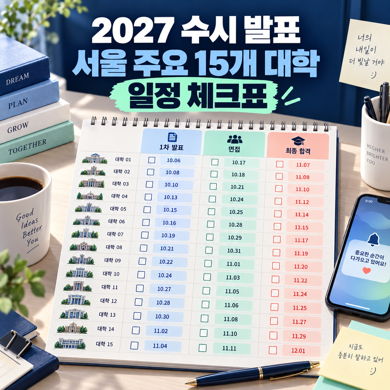 2027 수시 발표 일정표 - 서울 주요 15개 대학 1단계&middot;면접&middot;최초합격 체크표