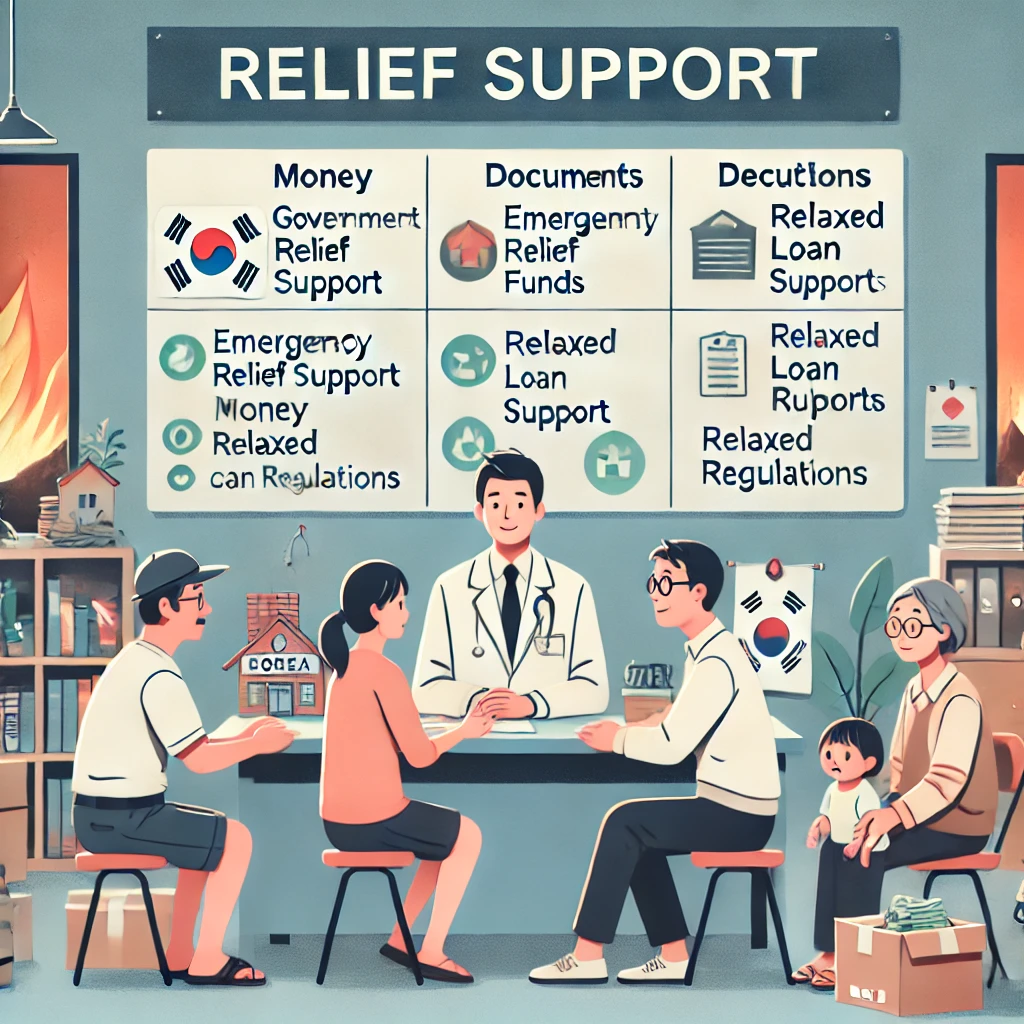 산불 피해자를 위한 정부 재정지원 안내 인포그래픽 스타일 장면