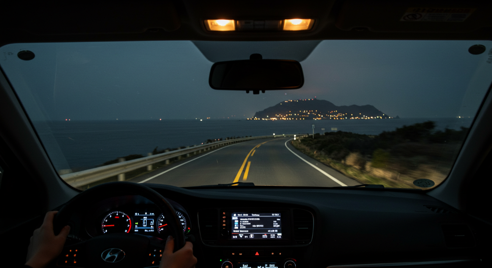 차 안에서 바라보는 산방산-사계리 해안도로 밤바다와 마라도 불빛