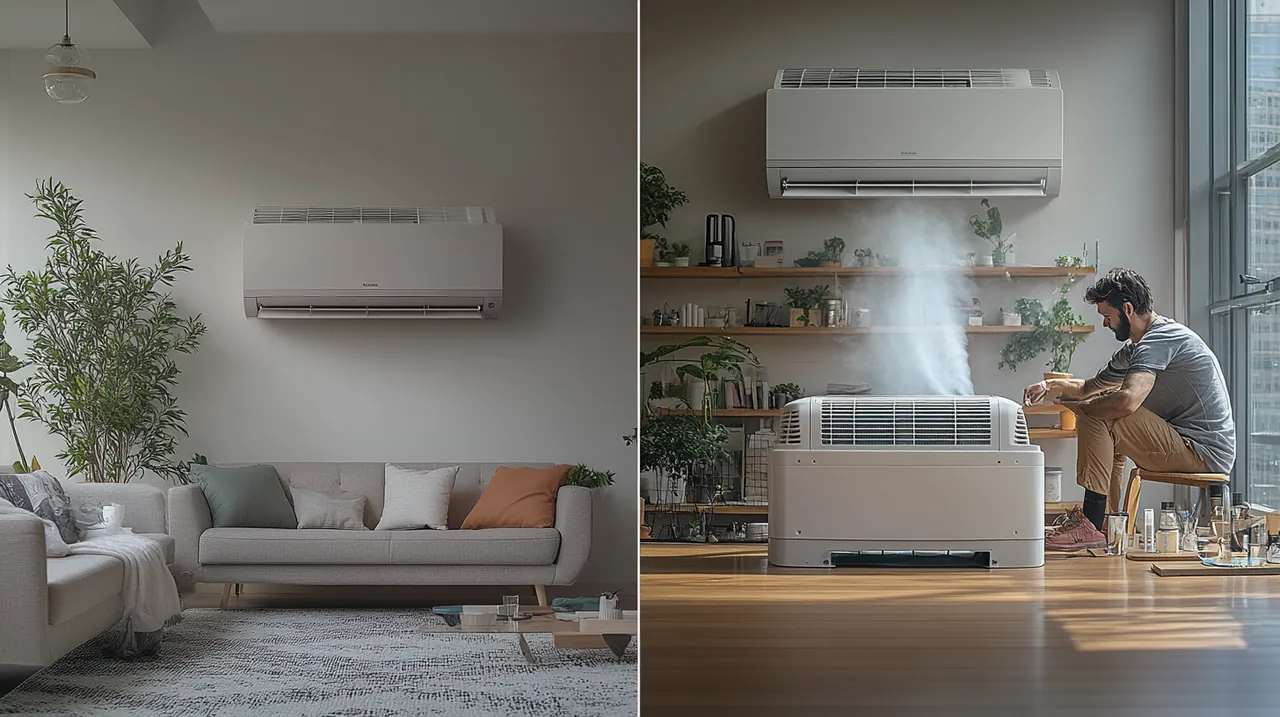 한쪽에서는 렌탈 에어컨으로 시원한 공기를 즐기고, 다른 쪽에서는 구매한 에어컨을 수리하는 대비적인 순간. 도심 아파트의 청결하고 현대적인 느낌.