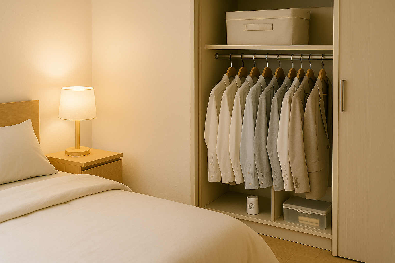 정리된 침실 옷장과 이불, 은은한 향기와 조명이 어우러진 편안한 공간