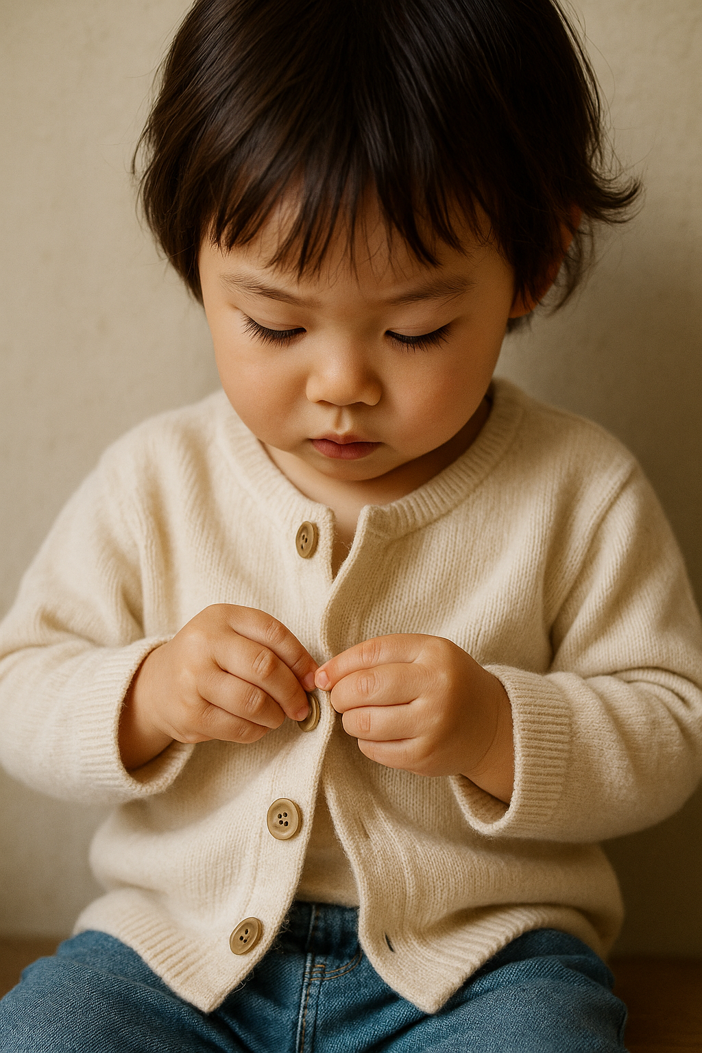 스스로 단추를 잠그는 아이 사진