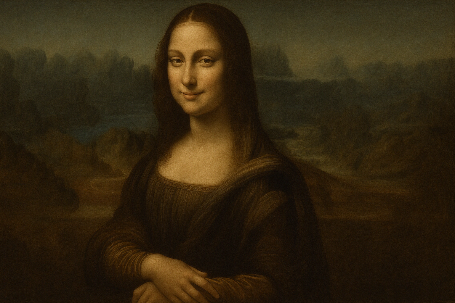 완벽한 비례의 신비로운 미소를 짓는 여성 초상, 레오나르도 다빈치 르네상스 걸작 스타일로, 스푸마토와 키아로스쿠로 기법, 정교한 해부학적 정확성, 고전적 이상미, 박물관 품질, 169 비율