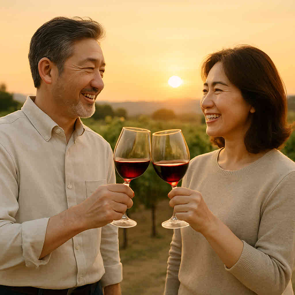 와이너리에서 와인을 시음하는 중년 부부