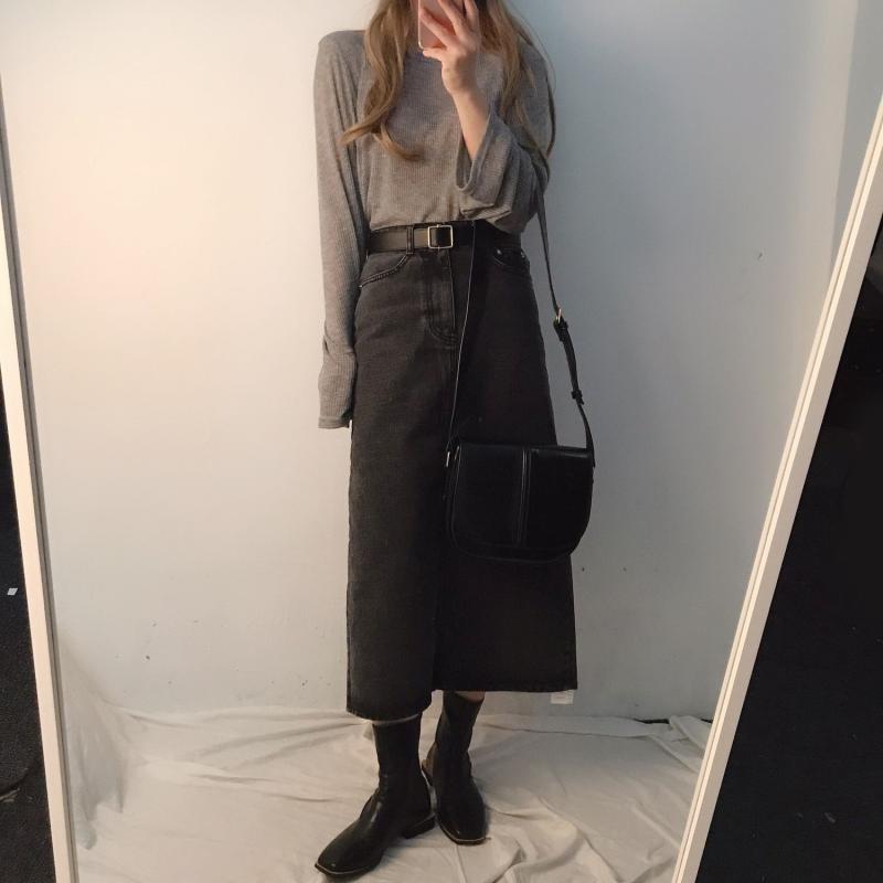 블랙 데님 롱 스커트