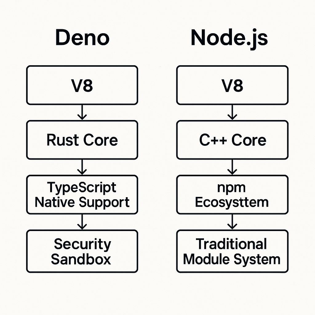 Deno와 Node.js 아키텍처 비교 다이어그램