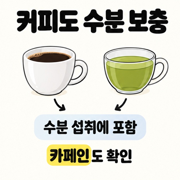 커피와 녹차 잔에서 수분 섭취에 포함 문구로 이어지는 화살표와 카페인도 확인 안내를 담은 그림