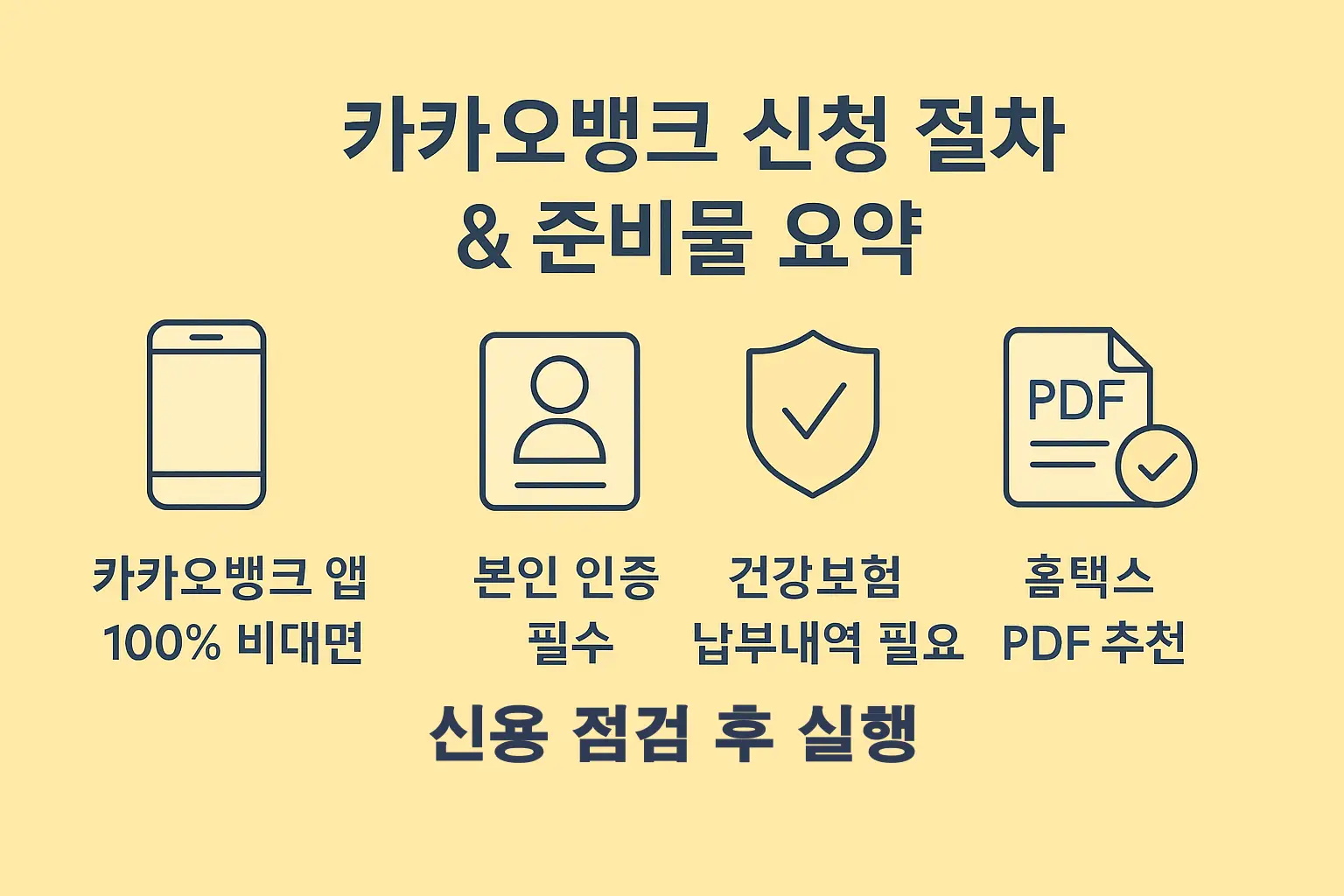 카카오뱅크 마이너스통장 신청을 위한 절차와 준비물 요약 이미지로, 앱 접수 방식부터 PDF 서류 준비까지 필수 요소를 포함
